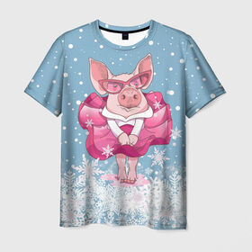 Мужская футболка 3D с принтом Свинка в розовом в Тюмени, 100% полиэфир | прямой крой, круглый вырез горловины, длина до линии бедер | Тематика изображения на принте: 2019 | год свиньи | милая свинка | новогодний подарок | новый год | новый год 2019 | подарок на новый год | прикольная свинка | свинка в розовом | свинья | символ 2019 года | снег | снежинки