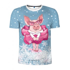 Мужская футболка 3D спортивная с принтом Свинка в розовом в Тюмени, 100% полиэстер с улучшенными характеристиками | приталенный силуэт, круглая горловина, широкие плечи, сужается к линии бедра | 2019 | год свиньи | милая свинка | новогодний подарок | новый год | новый год 2019 | подарок на новый год | прикольная свинка | свинка в розовом | свинья | символ 2019 года | снег | снежинки