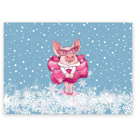 Поздравительная открытка с принтом Свинка в розовом в Тюмени, 100% бумага | плотность бумаги 280 г/м2, матовая, на обратной стороне линовка и место для марки
 | Тематика изображения на принте: 2019 | год свиньи | милая свинка | новогодний подарок | новый год | новый год 2019 | подарок на новый год | прикольная свинка | свинка в розовом | свинья | символ 2019 года | снег | снежинки