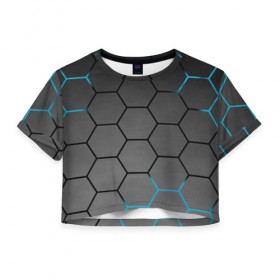 Женская футболка 3D укороченная с принтом Плиты с Энергией в Тюмени, 100% полиэстер | круглая горловина, длина футболки до линии талии, рукава с отворотами | hexagon | metal | pattern | steel | броня | гексагон | метал | плиты | сталь | текстура