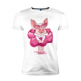 Мужская футболка премиум с принтом Свинка в розовом в Тюмени, 92% хлопок, 8% лайкра | приталенный силуэт, круглый вырез ворота, длина до линии бедра, короткий рукав | 2019 | год свиньи | милая свинка | новогодний подарок | новый год | новый год 2019 | подарок на новый год | прикольная свинка | свинка в розовом | свинья | символ 2019 года | снег | снежинки