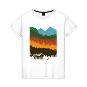 Женская футболка хлопок с принтом Дикая природа в Тюмени, 100% хлопок | прямой крой, круглый вырез горловины, длина до линии бедер, слегка спущенное плечо | горы | дикая природа | дом | лес | лиса | минимализм | развалины | сарай