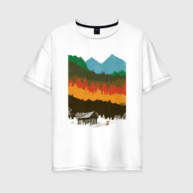Женская футболка хлопок Oversize с принтом Дикая природа в Тюмени, 100% хлопок | свободный крой, круглый ворот, спущенный рукав, длина до линии бедер
 | горы | дикая природа | дом | лес | лиса | минимализм | развалины | сарай