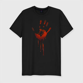 Мужская футболка хлопок Slim с принтом Отпечаток руки в Тюмени, 92% хлопок, 8% лайкра | приталенный силуэт, круглый вырез ворота, длина до линии бедра, короткий рукав | halloween | костюм на хэллоуин | кровавая рука | кровавый отпечаток | кровь | рисунок кровью | футболка для хэллоуина | хэллоуин