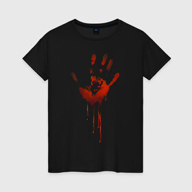 Женская футболка хлопок с принтом Отпечаток руки в Тюмени, 100% хлопок | прямой крой, круглый вырез горловины, длина до линии бедер, слегка спущенное плечо | halloween | костюм на хэллоуин | кровавая рука | кровавый отпечаток | кровь | рисунок кровью | футболка для хэллоуина | хэллоуин