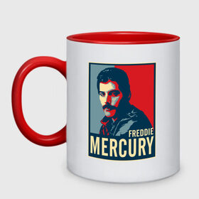 Кружка двухцветная с принтом Freddie Mercury в Тюмени, керамика | объем — 330 мл, диаметр — 80 мм. Цветная ручка и кайма сверху, в некоторых цветах — вся внутренняя часть | freddie mercury | queen | фредди меркьюри
