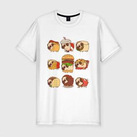 Мужская футболка хлопок Slim с принтом Мопсы в Тюмени, 92% хлопок, 8% лайкра | приталенный силуэт, круглый вырез ворота, длина до линии бедра, короткий рукав | fastfood | pug | бургер | еда | кола | пицца | собака | фастфуд | хотдог | чипсы | шаурма