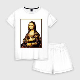 Женская пижама с шортиками хлопок с принтом Fuck from Mona Lisa в Тюмени, 100% хлопок | футболка прямого кроя, шорты свободные с широкой мягкой резинкой | женщина | искусство | картина | лиза | мона | палец