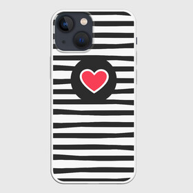 Чехол для iPhone 13 mini с принтом Сердце в полоску в Тюмени,  |  | black | lines | mochino | белый | москино | полоски | полосы | сердечко | сердце | черный