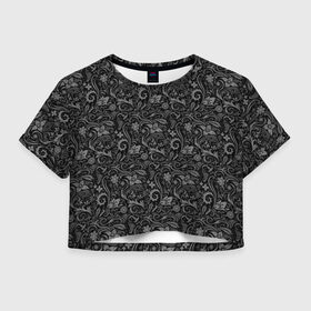Женская футболка Cropp-top с принтом Чёрно-белая хохлома в Тюмени, 100% полиэстер | круглая горловина, длина футболки до линии талии, рукава с отворотами | 