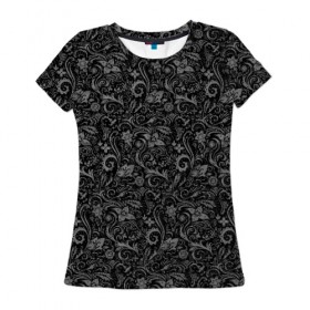 Женская футболка 3D с принтом Чёрно-белая хохлома в Тюмени, 100% полиэфир ( синтетическое хлопкоподобное полотно) | прямой крой, круглый вырез горловины, длина до линии бедер | 