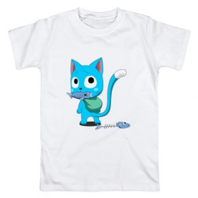 Мужская футболка хлопок с принтом Fairy Tail в Тюмени, 100% хлопок | прямой крой, круглый вырез горловины, длина до линии бедер, слегка спущенное плечо. | anime | cat | fairy tail | happy | аниме | животные | кот | сёнэн | хвост феи | хэппи