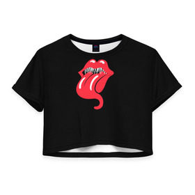 Женская футболка 3D укороченная с принтом Monsters Kiss в Тюмени, 100% полиэстер | круглая горловина, длина футболки до линии талии, рукава с отворотами | halloween | jagger | lips | mick | monster | rock | rolling | stones | tongue | tooth | вольные | губы | джаггер | зубы | камни | катящиеся | мик | монстер | рок | странники | хеллоуин | хэллоуин | язык