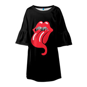 Детское платье 3D с принтом Monsters Kiss в Тюмени, 100% полиэстер | прямой силуэт, чуть расширенный к низу. Круглая горловина, на рукавах — воланы | halloween | jagger | lips | mick | monster | rock | rolling | stones | tongue | tooth | вольные | губы | джаггер | зубы | камни | катящиеся | мик | монстер | рок | странники | хеллоуин | хэллоуин | язык