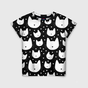 Детская футболка 3D с принтом Love Cats Pattern в Тюмени, 100% гипоаллергенный полиэфир | прямой крой, круглый вырез горловины, длина до линии бедер, чуть спущенное плечо, ткань немного тянется | белый | кот | котенок | котэ | котя | котята | кошка | любовь | мимими | паттерн | сердечки | сердце | силуэт | черный | я люблю кошек