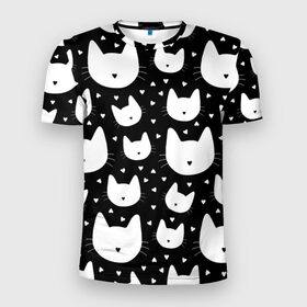 Мужская футболка 3D спортивная с принтом Love Cats Pattern в Тюмени, 100% полиэстер с улучшенными характеристиками | приталенный силуэт, круглая горловина, широкие плечи, сужается к линии бедра | Тематика изображения на принте: белый | кот | котенок | котэ | котя | котята | кошка | любовь | мимими | паттерн | сердечки | сердце | силуэт | черный | я люблю кошек