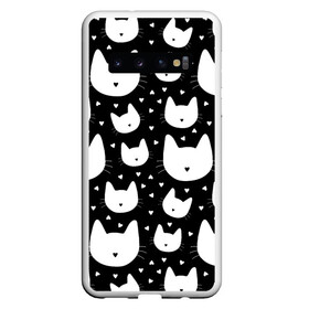 Чехол для Samsung Galaxy S10 с принтом Love Cats Pattern в Тюмени, Силикон | Область печати: задняя сторона чехла, без боковых панелей | белый | кот | котенок | котэ | котя | котята | кошка | любовь | мимими | паттерн | сердечки | сердце | силуэт | черный | я люблю кошек