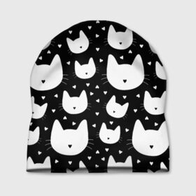 Шапка 3D с принтом Love Cats Pattern в Тюмени, 100% полиэстер | универсальный размер, печать по всей поверхности изделия | белый | кот | котенок | котэ | котя | котята | кошка | любовь | мимими | паттерн | сердечки | сердце | силуэт | черный | я люблю кошек