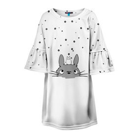 Детское платье 3D с принтом Totoro The Rain в Тюмени, 100% полиэстер | прямой силуэт, чуть расширенный к низу. Круглая горловина, на рукавах — воланы | Тематика изображения на принте: аниме | дождь | тоторо