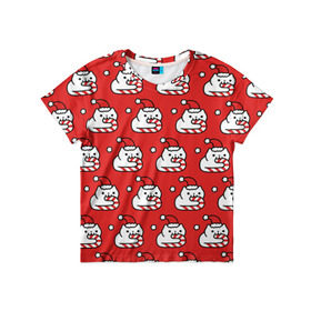 Детская футболка 3D с принтом Новогодние Милые Котики в Тюмени, 100% гипоаллергенный полиэфир | прямой крой, круглый вырез горловины, длина до линии бедер, чуть спущенное плечо, ткань немного тянется | Тематика изображения на принте: дед мороз | кот | котенок | котик | котэ | красный | новый год | паттерн | подарок | рождество | снежинка