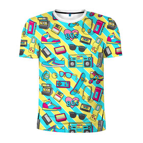 Мужская футболка 3D спортивная с принтом 80-е в Тюмени, 100% полиэстер с улучшенными характеристиками | приталенный силуэт, круглая горловина, широкие плечи, сужается к линии бедра | восьмидесятые | денди | кассета | магнитофон | очки | пейджер | приставка | ретро | ссср