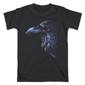 Мужская футболка хлопок с принтом Ночной ворон в Тюмени, 100% хлопок | прямой крой, круглый вырез горловины, длина до линии бедер, слегка спущенное плечо. | ворон | глаз | клюв | минимализм | ночь | перья | птица | рисунок | тень | хищник