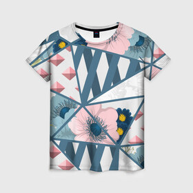 Женская футболка 3D с принтом Геометрия цветов в Тюмени, 100% полиэфир ( синтетическое хлопкоподобное полотно) | прямой крой, круглый вырез горловины, длина до линии бедер | геометрия | полосы | роза | розовый | синий | цветы