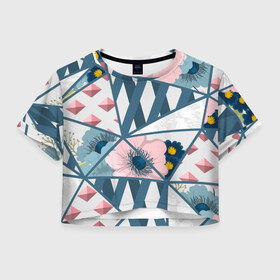 Женская футболка Cropp-top с принтом Геометрия цветов в Тюмени, 100% полиэстер | круглая горловина, длина футболки до линии талии, рукава с отворотами | геометрия | полосы | роза | розовый | синий | цветы