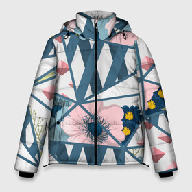 Мужская зимняя куртка 3D с принтом Геометрия цветов в Тюмени, верх — 100% полиэстер; подкладка — 100% полиэстер; утеплитель — 100% полиэстер | длина ниже бедра, свободный силуэт Оверсайз. Есть воротник-стойка, отстегивающийся капюшон и ветрозащитная планка. 

Боковые карманы с листочкой на кнопках и внутренний карман на молнии. | Тематика изображения на принте: геометрия | полосы | роза | розовый | синий | цветы