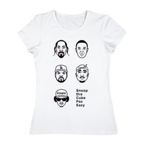 Женская футболка хлопок с принтом West Coast rap в Тюмени, 100% хлопок | прямой крой, круглый вырез горловины, длина до линии бедер, слегка спущенное плечо | 2pac | cube | dogg | dre | eazy | ice | makaveli | snoop | гангста рэп | реп | хип хоп