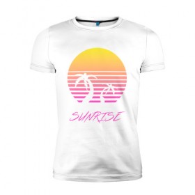 Мужская футболка премиум с принтом Retro sunrise в Тюмени, 92% хлопок, 8% лайкра | приталенный силуэт, круглый вырез ворота, длина до линии бедра, короткий рукав | retro | sunrise | пальмы | розовый | солнце