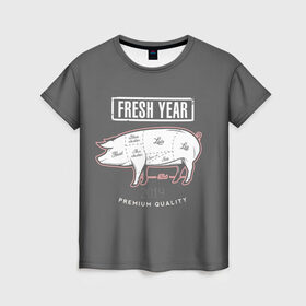 Женская футболка 3D с принтом Fresh Year 2019 в Тюмени, 100% полиэфир ( синтетическое хлопкоподобное полотно) | прямой крой, круглый вырез горловины, длина до линии бедер | 2019 | merry christmas | new year | год свиньи | зима | новый год | поросенок | праздник | рождество | свинка | свинья
