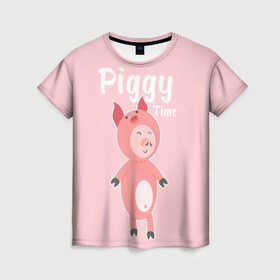 Женская футболка 3D с принтом Piggy Time в Тюмени, 100% полиэфир ( синтетическое хлопкоподобное полотно) | прямой крой, круглый вырез горловины, длина до линии бедер | 2019 | merry christmas | new year | год свиньи | зима | новый год | поросенок | праздник | рождество | свинка | свинья