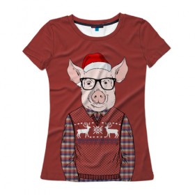 Женская футболка 3D с принтом New Year Pig в Тюмени, 100% полиэфир ( синтетическое хлопкоподобное полотно) | прямой крой, круглый вырез горловины, длина до линии бедер | 2019 | merry christmas | new year | год свиньи | зима | новый год | поросенок | праздник | рождество | свинка | свинья