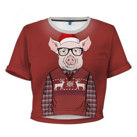 Женская футболка 3D укороченная с принтом New Year Pig в Тюмени, 100% полиэстер | круглая горловина, длина футболки до линии талии, рукава с отворотами | 2019 | merry christmas | new year | год свиньи | зима | новый год | поросенок | праздник | рождество | свинка | свинья
