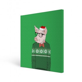 Холст квадратный с принтом New Year Hipster Pig в Тюмени, 100% ПВХ |  | 2019 | merry christmas | new year | год свиньи | зима | новый год | поросенок | праздник | рождество | свинка | свинья