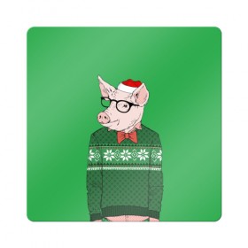 Магнит виниловый Квадрат с принтом New Year Hipster Pig в Тюмени, полимерный материал с магнитным слоем | размер 9*9 см, закругленные углы | 2019 | merry christmas | new year | год свиньи | зима | новый год | поросенок | праздник | рождество | свинка | свинья