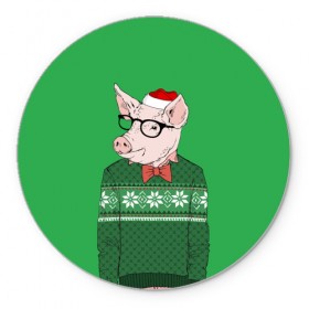 Коврик круглый с принтом New Year Hipster Pig в Тюмени, резина и полиэстер | круглая форма, изображение наносится на всю лицевую часть | Тематика изображения на принте: 2019 | merry christmas | new year | год свиньи | зима | новый год | поросенок | праздник | рождество | свинка | свинья