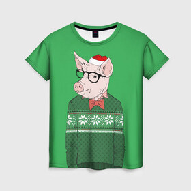 Женская футболка 3D с принтом New Year Hipster Pig в Тюмени, 100% полиэфир ( синтетическое хлопкоподобное полотно) | прямой крой, круглый вырез горловины, длина до линии бедер | 2019 | merry christmas | new year | год свиньи | зима | новый год | поросенок | праздник | рождество | свинка | свинья