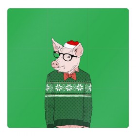 Магнитный плакат 3Х3 с принтом New Year Hipster Pig в Тюмени, Полимерный материал с магнитным слоем | 9 деталей размером 9*9 см | 2019 | merry christmas | new year | год свиньи | зима | новый год | поросенок | праздник | рождество | свинка | свинья