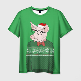Мужская футболка 3D с принтом New Year Hipster Pig в Тюмени, 100% полиэфир | прямой крой, круглый вырез горловины, длина до линии бедер | Тематика изображения на принте: 2019 | merry christmas | new year | год свиньи | зима | новый год | поросенок | праздник | рождество | свинка | свинья