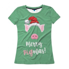 Женская футболка 3D с принтом Merry Pigmas в Тюмени, 100% полиэфир ( синтетическое хлопкоподобное полотно) | прямой крой, круглый вырез горловины, длина до линии бедер | 2019 | merry christmas | new year | год свиньи | зима | новый год | поросенок | праздник | рождество | свинка | свинья