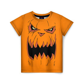 Детская футболка 3D с принтом Halloween в Тюмени, 100% гипоаллергенный полиэфир | прямой крой, круглый вырез горловины, длина до линии бедер, чуть спущенное плечо, ткань немного тянется | Тематика изображения на принте: halloween | orange | pumpkin | scary | оранжевая | страшная | тыква | ужас | хэллоуин