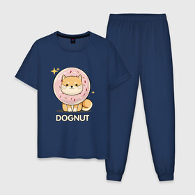 Мужская пижама хлопок с принтом DOgNUT в Тюмени, 100% хлопок | брюки и футболка прямого кроя, без карманов, на брюках мягкая резинка на поясе и по низу штанин
 | акита | детский | лапочка | милый | мимими | пес | пончик | собака | хаски | щенок