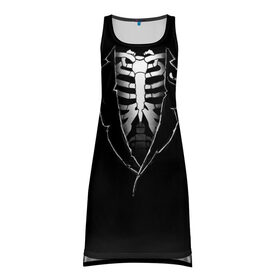 Платье-майка 3D с принтом Скелет в Тюмени, 100% полиэстер | полуприлегающий силуэт, широкие бретели, круглый вырез горловины, удлиненный подол сзади. | deadman | death | halloween | ribs | skeleton | мертвец | ребра | скелет | хеллоуин | хэллоуин