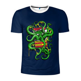 Мужская футболка 3D спортивная с принтом Ктулху в Тюмени, 100% полиэстер с улучшенными характеристиками | приталенный силуэт, круглая горловина, широкие плечи, сужается к линии бедра | Тематика изображения на принте: call | cthulhu | howard | kraken | lovecraft | octopus | tentacles | говард | зов | кракен | ктулху | лавкрафт | осьминог | щупальца