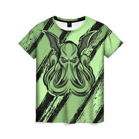 Женская футболка 3D с принтом Ктулху в Тюмени, 100% полиэфир ( синтетическое хлопкоподобное полотно) | прямой крой, круглый вырез горловины, длина до линии бедер | cthulhu | божество | кракен | лавкрафт | миф | монстр | океан | чудовище