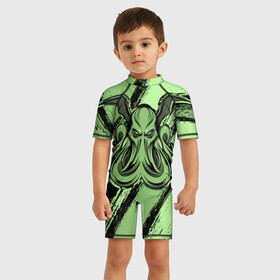 Детский купальный костюм 3D с принтом Ктулху в Тюмени, Полиэстер 85%, Спандекс 15% | застежка на молнии на спине | cthulhu | божество | кракен | лавкрафт | миф | монстр | океан | чудовище