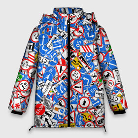 Женская зимняя куртка 3D с принтом Дорожные знаки Стикербомбинг в Тюмени, верх — 100% полиэстер; подкладка — 100% полиэстер; утеплитель — 100% полиэстер | длина ниже бедра, силуэт Оверсайз. Есть воротник-стойка, отстегивающийся капюшон и ветрозащитная планка. 

Боковые карманы с листочкой на кнопках и внутренний карман на молнии | stickerbombing | гаи | гибдд | дорога | дпс | знак | паттерн | пдд | правила