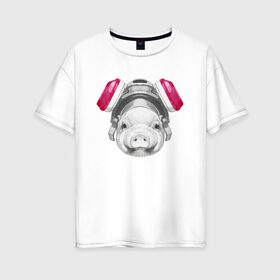 Женская футболка хлопок Oversize с принтом Хрюня в противогазе в Тюмени, 100% хлопок | свободный крой, круглый ворот, спущенный рукав, длина до линии бедер
 | Тематика изображения на принте: breaking bad | во все тяжкие | джесси пинкман | свинка | свинья